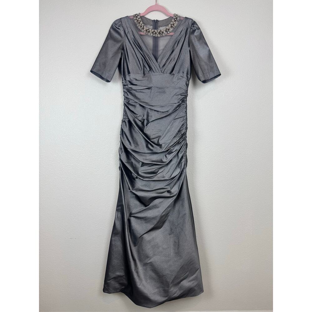Rickie Freeman Teri Jon Beaded Neck Ruched Gray Evening Gown Formal Dress Mother